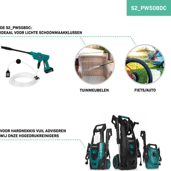VONROC Accu nettoyeur haute pression 20V - 24bar - 198 l/h - Comprend un tuyau d'aspiration de 5m, une bouteille de détergent et une buse réglable - Comprend 2 batteries de 2.0Ah et un chargeur rapide