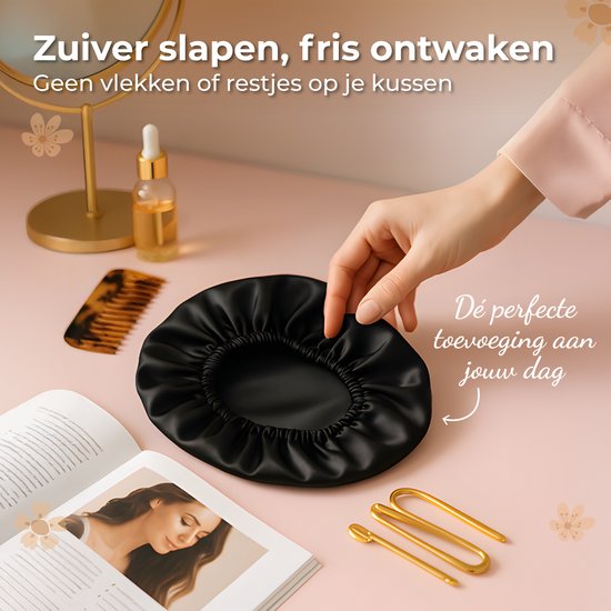 Nuvance Bonnet Satin - Lot de 2 pièces - Chapeau de nuit en satin réglable - Bonnet en satin - Unisexe - Noir