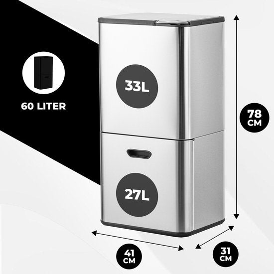 Bayt Poubelle 60 litres - Poubelle 60 litres - Séparation des déchets - 2 compartiments - Acier inoxydable - Argent