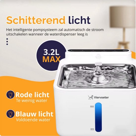 Fontaine à eau sans fil Viervoeter en acier inoxydable - Fontaine à eau à capteur pour chats et chiens - Filtre inclus - 3,2 L - Autonomie de 30 jours - Silencieuse - Blanche