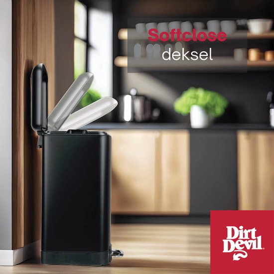 Poubelle à pédale Dirt Devil 30 litres - Mécanisme « Soft Close » - Poubelle avec bac amovible - pour la cuisine et la salle de bains - 34,5 x 32,5 x 61,5 - Acier inoxydable - Noir