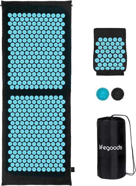 Tapis d'acupression XL LifeGoods - avec coussin - Tapis Shakti - Tapis pour les ongles avec 2 balles pour les points de déclenchement - 128x48x2cm - Noir/Turquoise