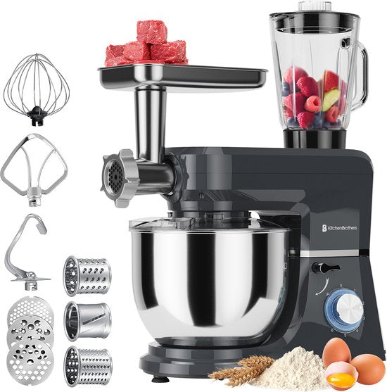 KitchenBrothers Kitchen Robot - Robot de cuisine 6-en-1 - 1500W - Avec hachoir, blender et 15 accessoires - Bol en acier inoxydable de 6,2L - Anthracite