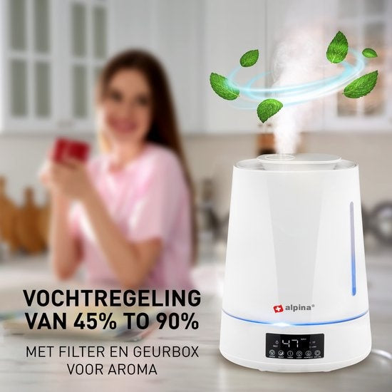 Humidificateur - Alpina - 4L - Diffuseur d'arômes avec minuterie - Télécommande - Blanc