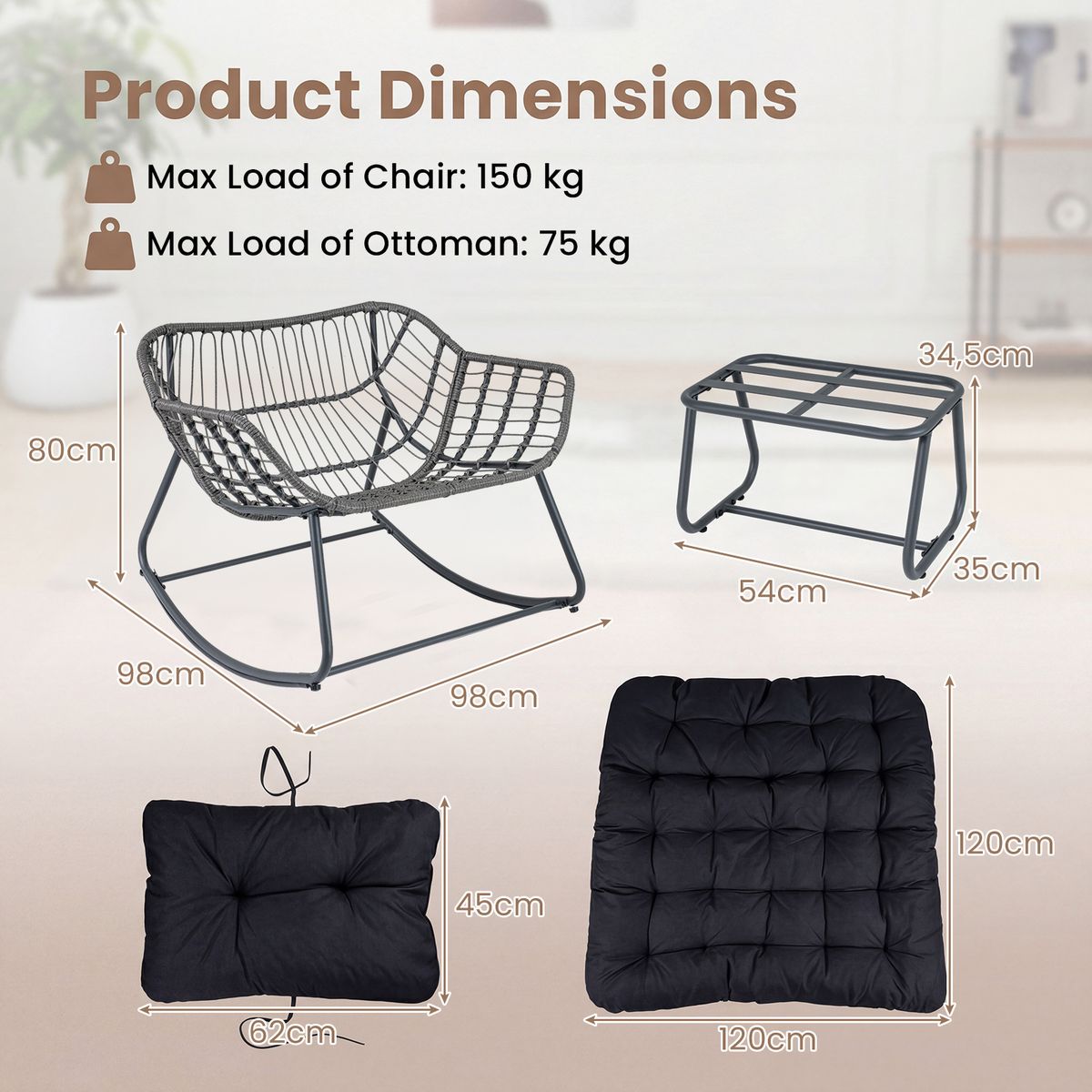 Fauteuil à bascule Coast avec repose-pieds - conception ergonomique - structure métallique avec rotin en PE - noir
