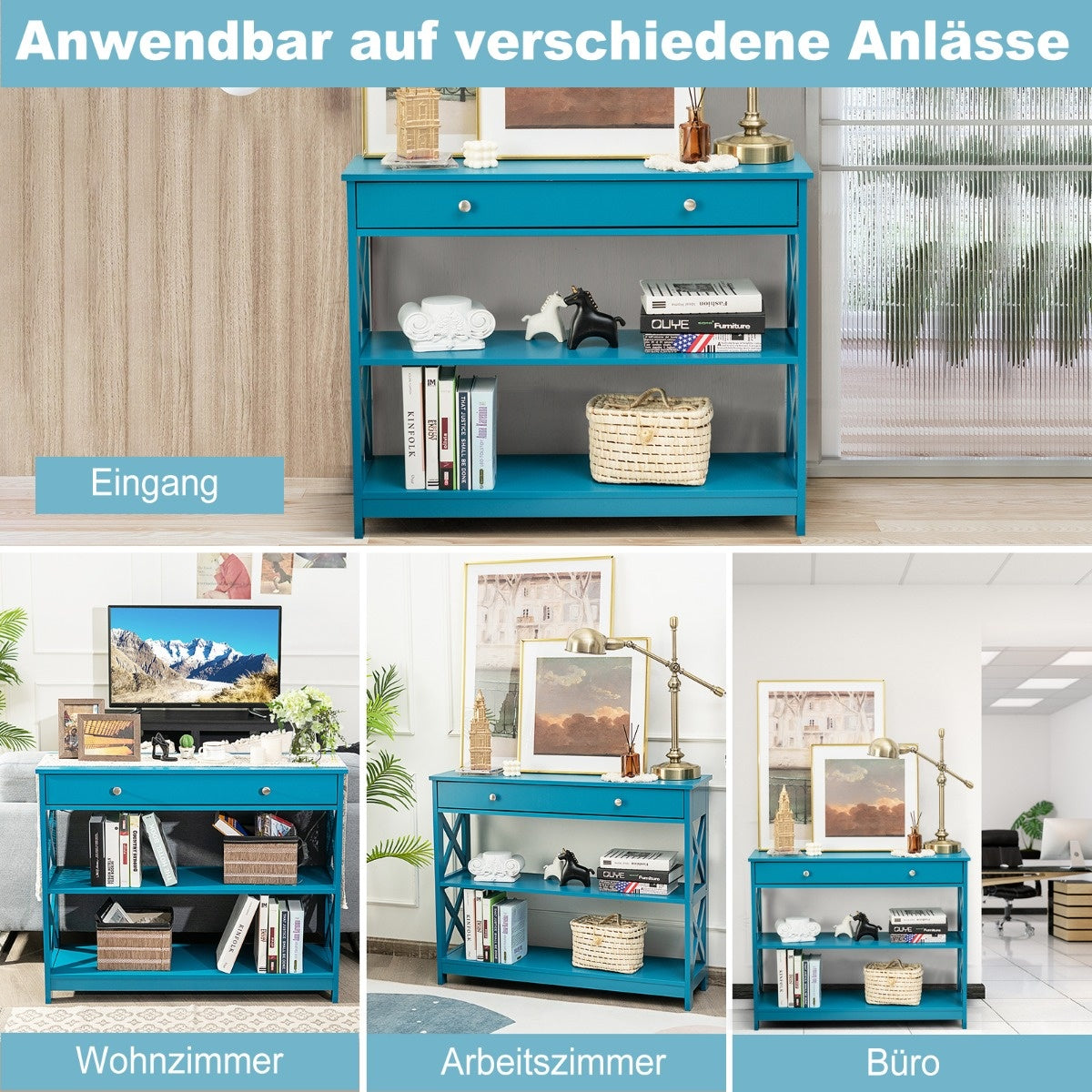 Côte 3 TABLE CONSOL NIVEAS AVEC PLATEAU & 2 étagères et pieds en X bleu