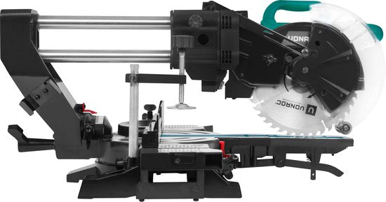VONROC Tronçonneuse compacte - scie d'abattage - scie à onglet 2200W - Ø216mm - 5200 /min - Bras d'onglet amovible - Fonction de traction - Rallonges de table réglables - Inclinable (0-45°) - Butée de longueur - Contrôle de profondeur - Laser & LED - Lame