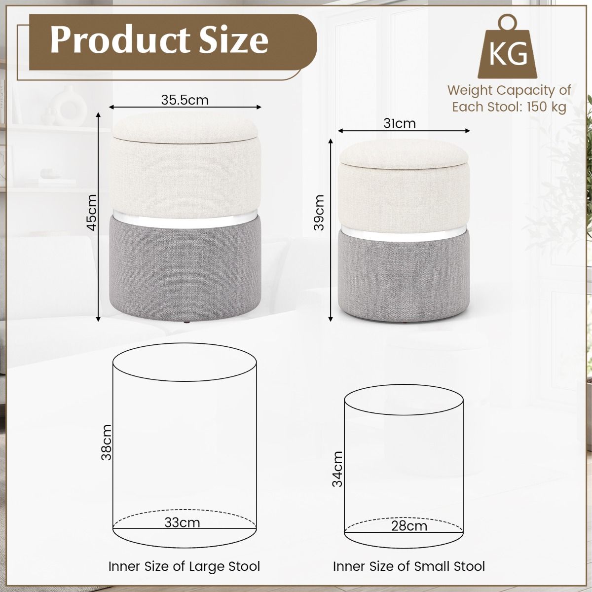 Ensemble de poufs de rangement Coast - lot de 2 poufs ronds - tissu en lin - anneau décoratif argenté - beige et gris