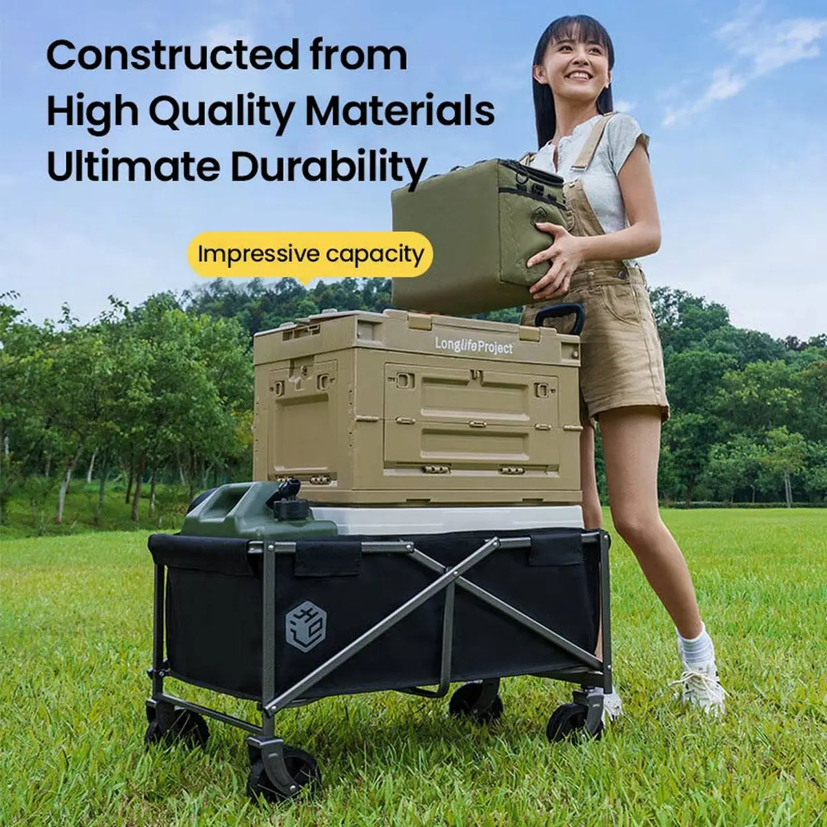 Chariot pliable Ochama 75 L - Noir - Capacité de charge de 100 kg - Roulettes pivotantes à 360° - Pliable