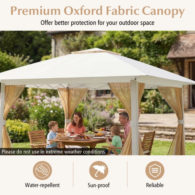 Pavillon éphémère Coast 394 x 394 x 277 cm - Panneaux latéraux en filet - Double toit - Sac de transport - Beige