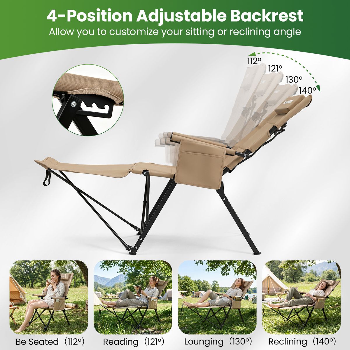 Chaise de camping pliable Coast avec repose-pieds - dossier réglable sur 4 positions - poche latérale et coussin - kaki