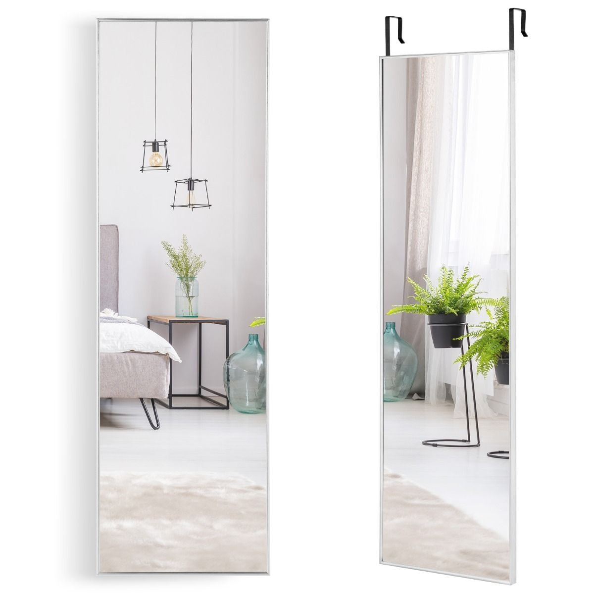 Côte 37 x 120 cm Miroir mural à hauteur d'homme avec crochets réglables en hauteur Miroir mural argenté