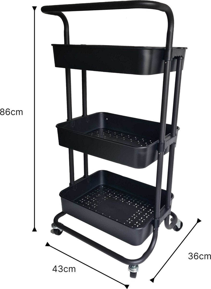 O'DADDY® Chariot de cuisine sur roulettes - chariot de service - chariot de cuisine noir - mobile et fixe - 3 étages - 86 x 43 x 36 cm