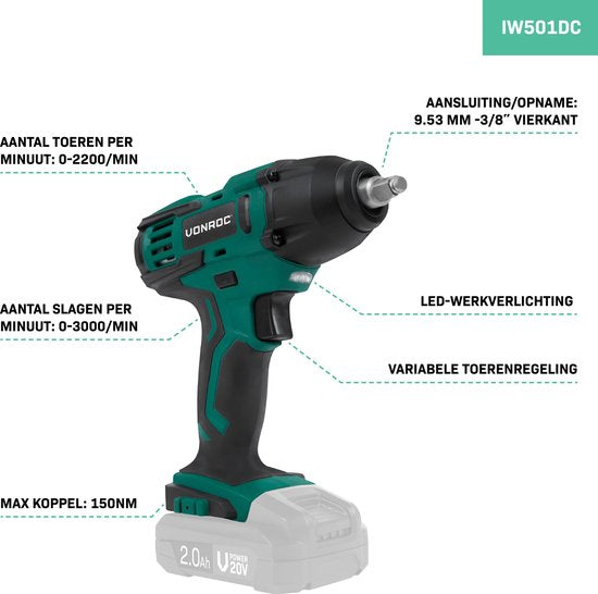 VONROC Clé à chocs Accu 20V - 150Nm - Avec 4 douilles pour écrous - Sans batterie ni chargeur