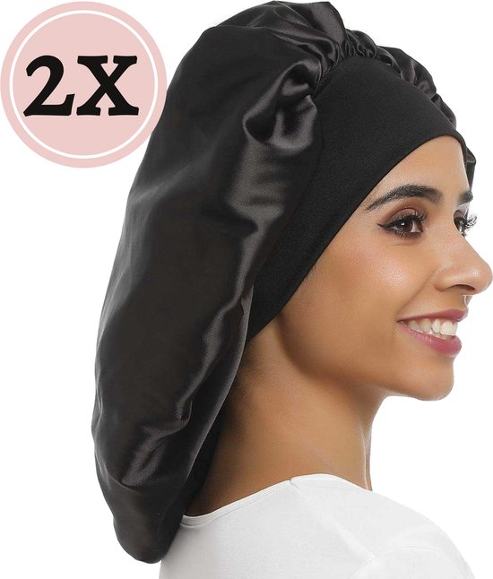 Bonnet Beyeza Luxe XL - Bonnet de nuit en satin - Soins capillaires - Filets à cheveux - Élastique - Satin - Lot de 2