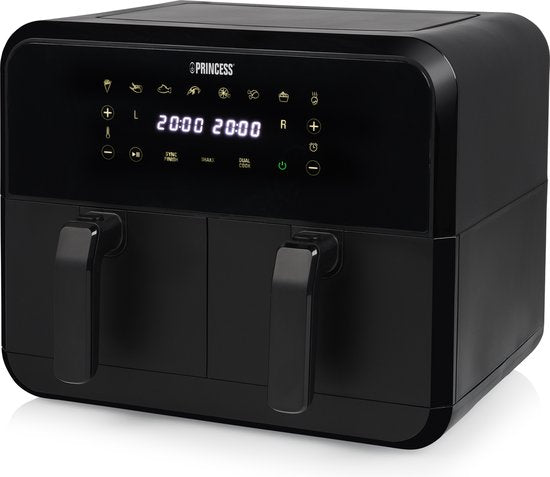 Princess Double Basket Airfryer 182068 - Double Airfryer - 8 litres - 2 paniers - XXL - 8 programmes - 2400W - Double friteuse à air chaud - Ecran tactile - Noir - 80°C à 220°C - Fonction Sync