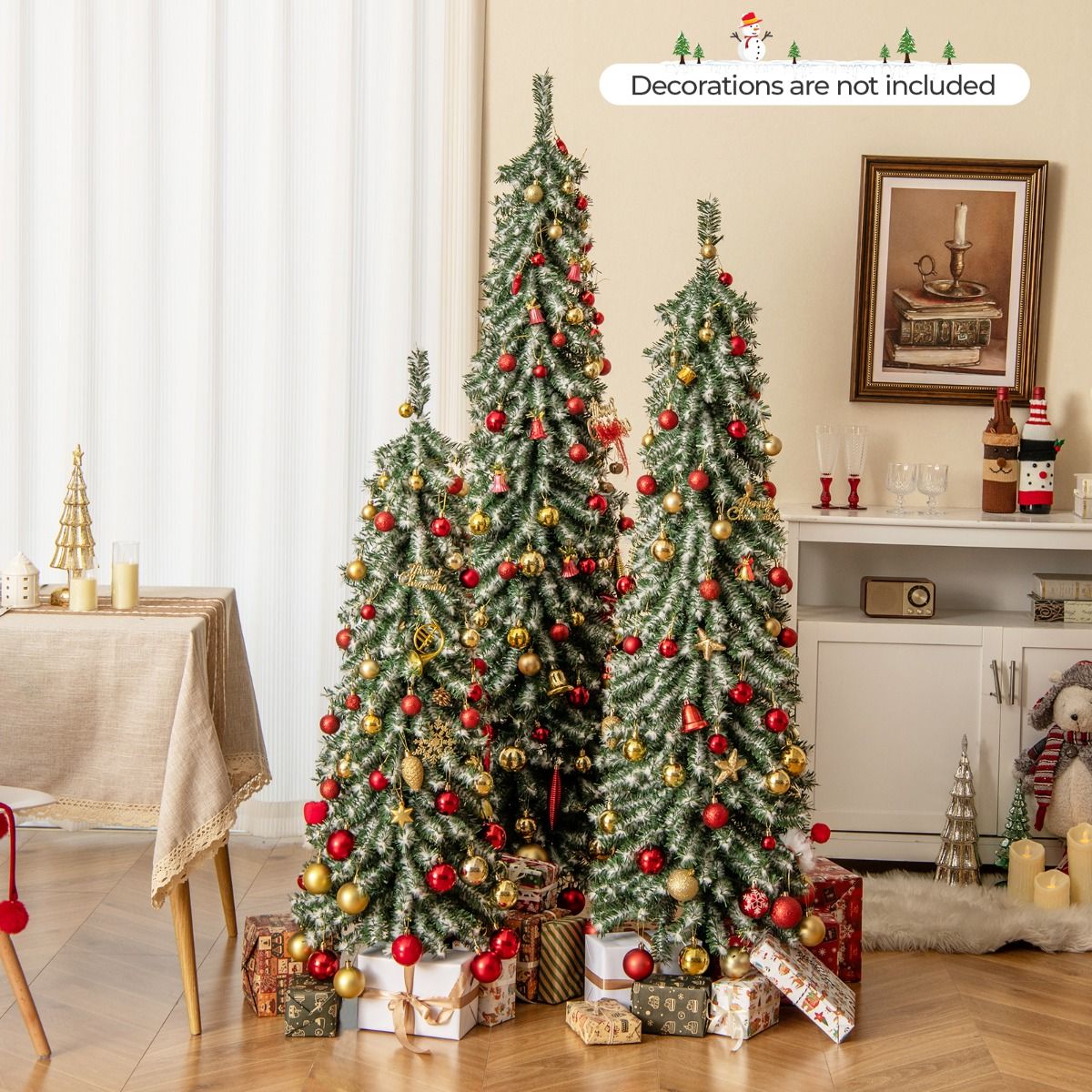 Lot d'arbres de Noël artificiels Coast - en forme de crayon - avec neige artificielle et éclairage LED - 120/150/180 cm