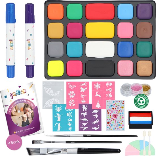 Partizzle Set de peinture pour le visage à base d'eau - Livre de peinture pour le visage et set de modèles - Pinceaux, éponges, craie pour les cheveux, paillettes bio - Noël enfants - 20 couleurs