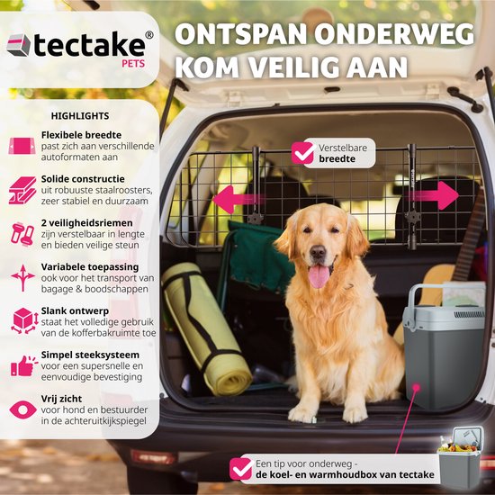 tectake® - Porte-chien pour voiture - Universel avec largeur variable jusqu'à max. 154 cm - Protection et séparation du coffre - 2 ceintures de sécurité incluses - Montage facile