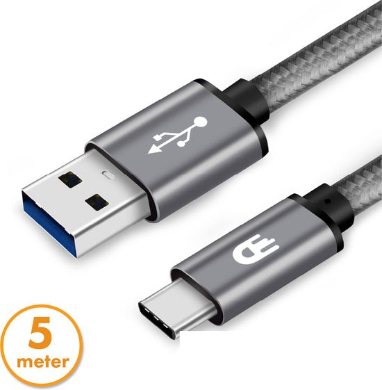 Drivv. Câble USB vers USB C - Chargeur rapide - Câble de données et de charge USB C - 5 mètres - Convient à Samsung, iPhone 15 et autres - Gris spatial