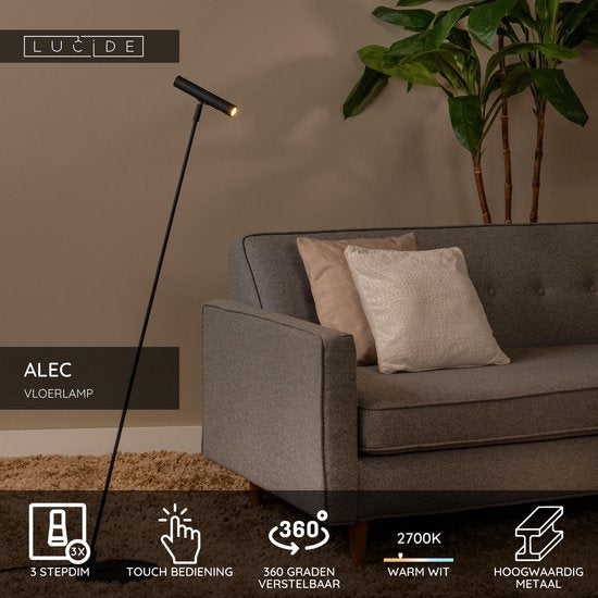 Lucide ALEC - Lampadaire - LED 3 StepDim - G9 - 1x3 W 2700 K - Anneaux interchangeables inclus - Noir