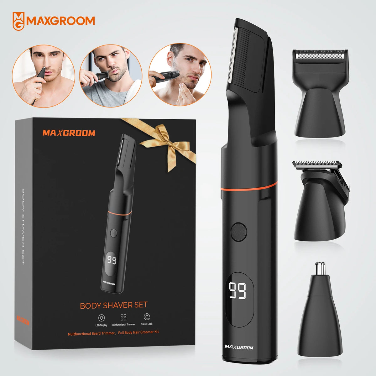 Tondeuse corporelle MAXGROOM 7-en-1 - Sans fil - 1 à 9 mm - Étanche IPX6 - 90 min - Écran LED - Embouts magnétiques