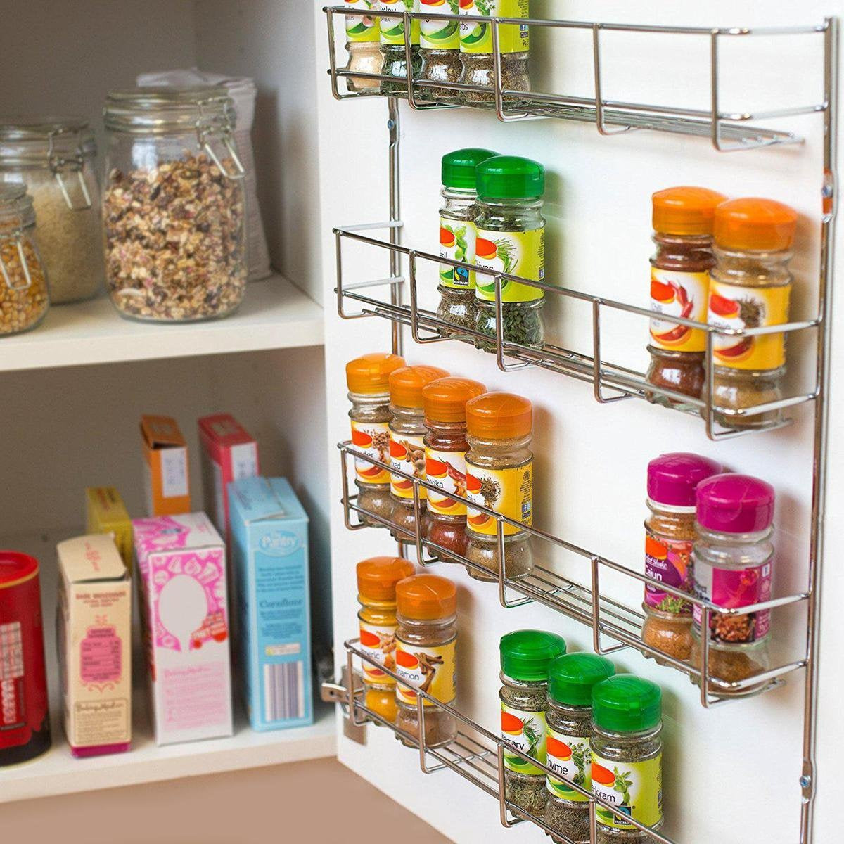 Support à épices suspendu pour 32 pots d'épices KitchenBrothers - Support de cuisine - Organisateur d'épices - Stockage d'épices - 4 couches - 40 x 6.3 x 50 cm - acier inoxydable