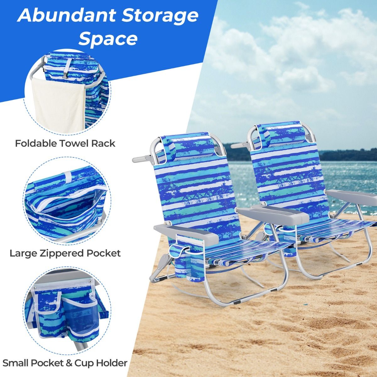 Chaise de plage pliable - Bleu marine - 5 positions d'inclinaison - 150 kg - Avec porte-gobelet et compartiments de rangement