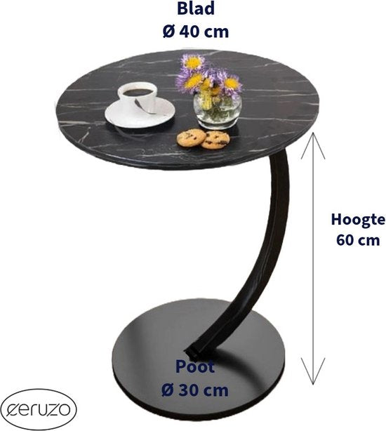 Ceruzo Side Table - Black marbled top - Round 40 cm - High 60 cm - Bench Table- C Shape