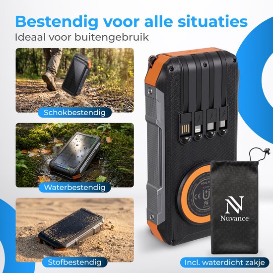 Powerbank solaire Nuvance 20 000 mAh - Chargeur rapide 22,5 W - USB-C et USB-A - 4 câbles intégrés - Powerbank sans fil 15 W - Kit d'urgence - Powerbank à énergie solaire