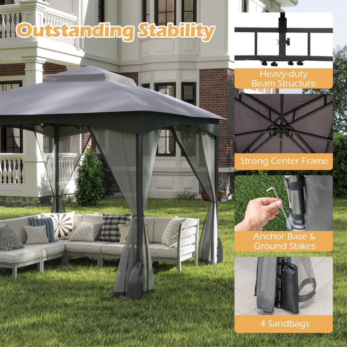 Pavillon de jardin Coast - double toit - moustiquaire - 3 x 3 m - kaki