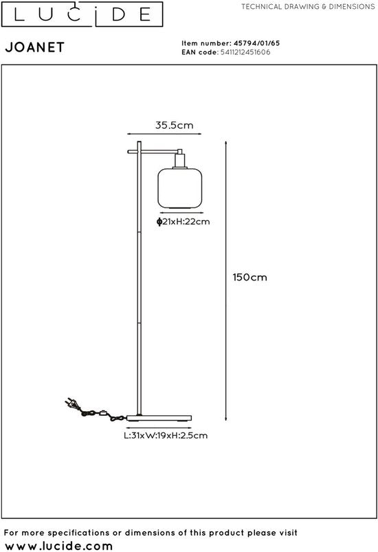 Lucide JOANET - Lampadaire - 1xE27 - Fumé