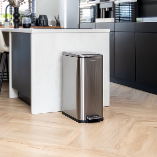 Deleca Trashcan Prestige - 50 Liter - Narrow - Stainless steel Dustbin / Waste Bin / Pedal Bin - With Foot Pedal and Slow Close - Matt Silver