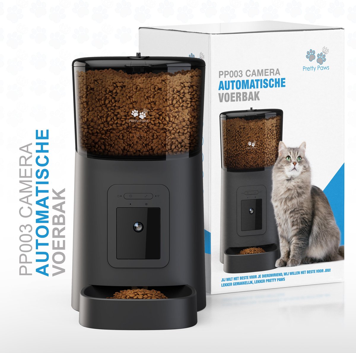 Distributeur automatique de nourriture Pretty Paws Camera - Mangeoire automatique intelligente avec application - Capacité de 6 L - 35,8 x 19,5 x 36,2 cm - Noir