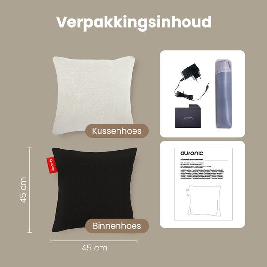 Auronic Heat Pillow - Sherpa Fleece - 45x45 - Sans fil - Rechargeable - Oreiller électrique - Infrarouge - Blanc