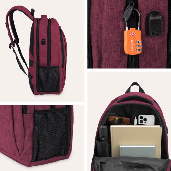 TRVLMORE Sac à dos à vie - Sac à dos avec compartiment pour ordinateur portable de 15,6 pouces - Cartable - Résistant aux éclaboussures - Hommes et femmes - Garçons et filles - 28L - Bourgogne