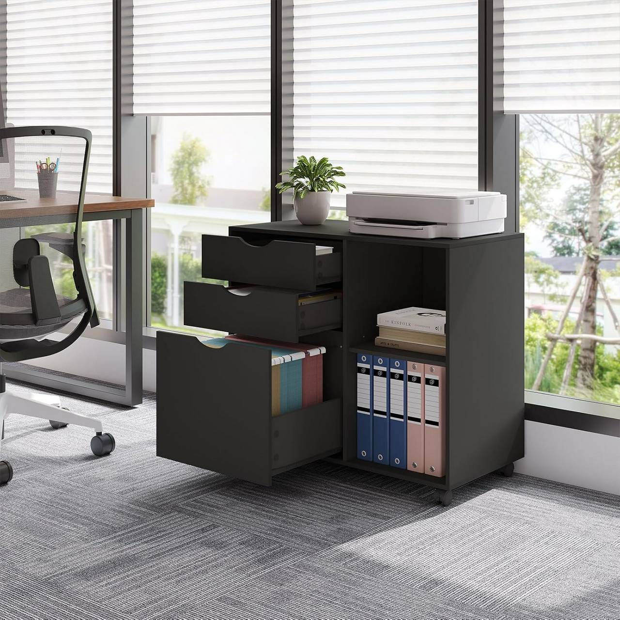Armoire à dossiers Woltu - Sur roulettes - 3 tiroirs - 80 x 70 x 40 cm - Noir