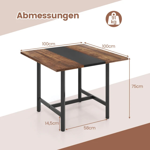 Table de réunion Coast, marron rustique/noir – Table de conférence carrée avec structure métallique – 100 x 100 x 75 cm