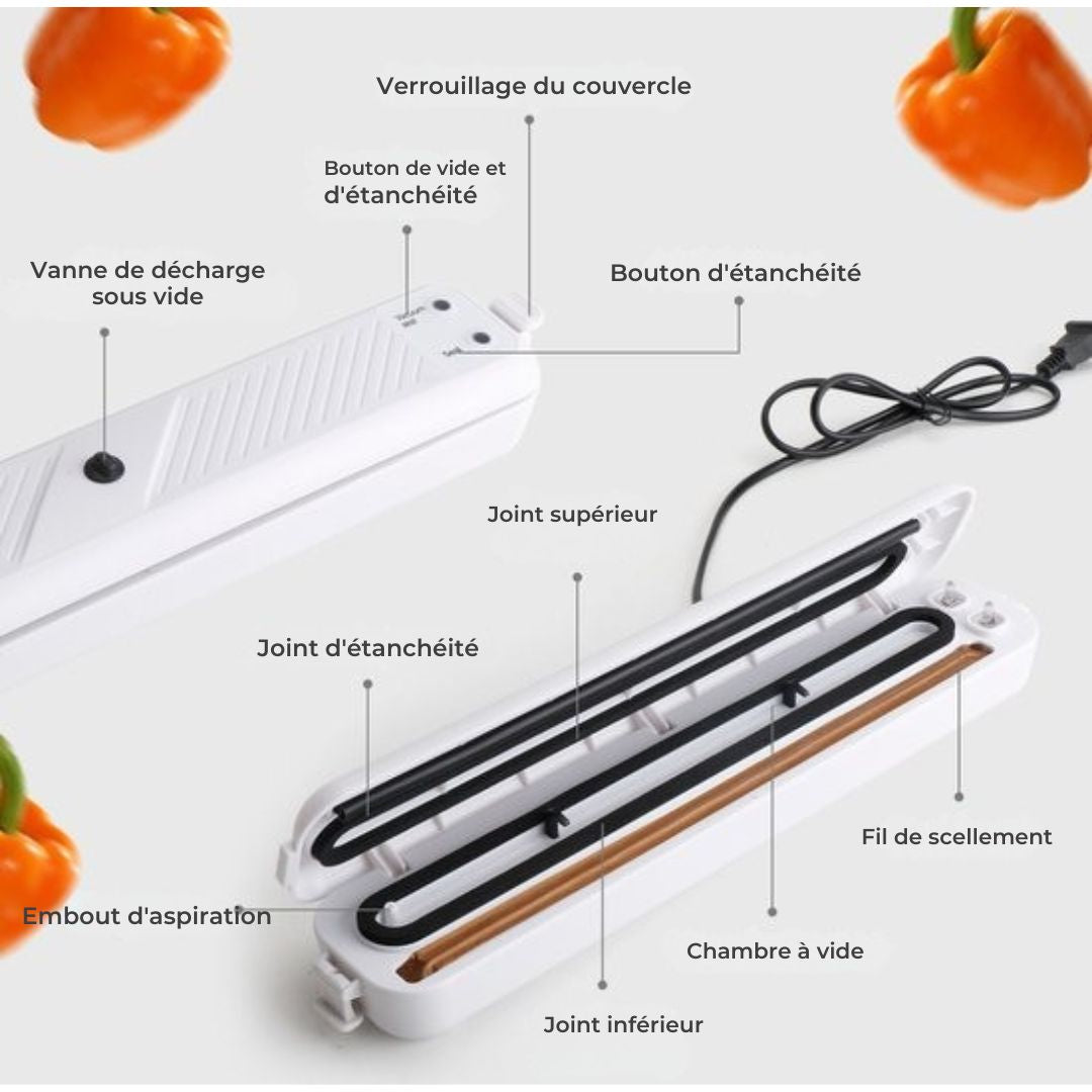 Machine à emballer sous vide Gtrise - 10 sachets sous vide - Simple - Pour tous types d'aliments - blanc