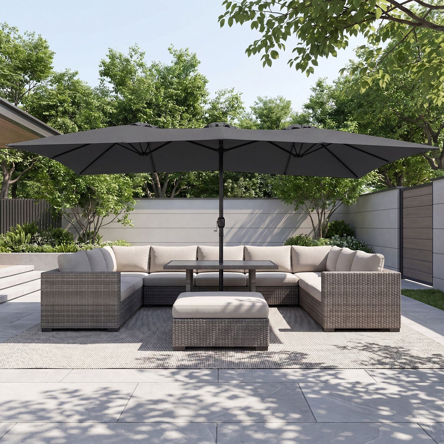 Parasol Coast à double toit 430 x 276 x 260 cm, très grand format - 12 baleines - Système à manivelle - Gris