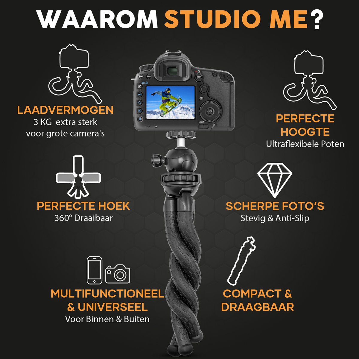Studio ME Phone Tripod - Trépied Smartphone - Flexible - Trépied pour appareil photo - Noir - Gorillapod - Support de téléphone