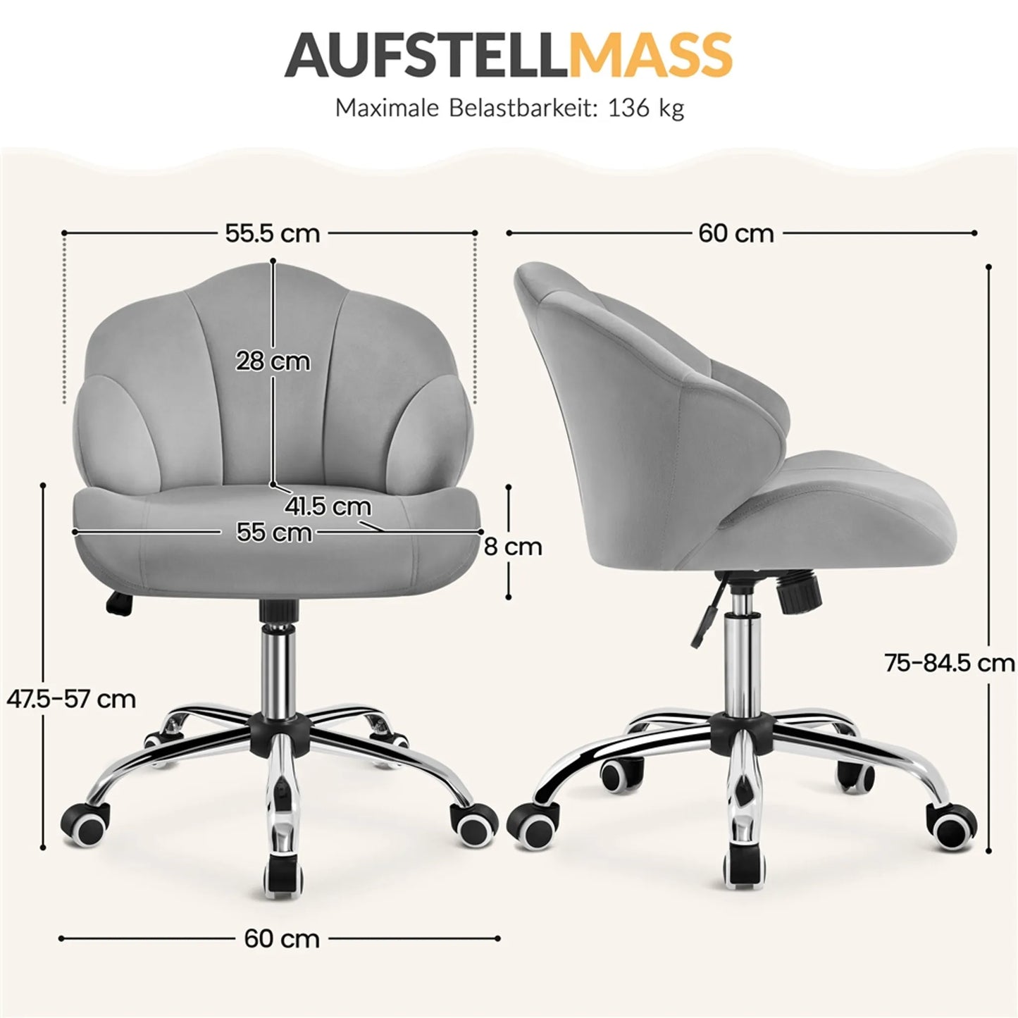 Yaheetech Chaise de bureau en forme de coquillage - avec fonction pivotante, hauteur réglable par vérin à gaz et dossier rembourré - pour le bureau à domicile et la chambre à coucher - polyester blanc et métal - 60 x 60 x 76,5-86 cm