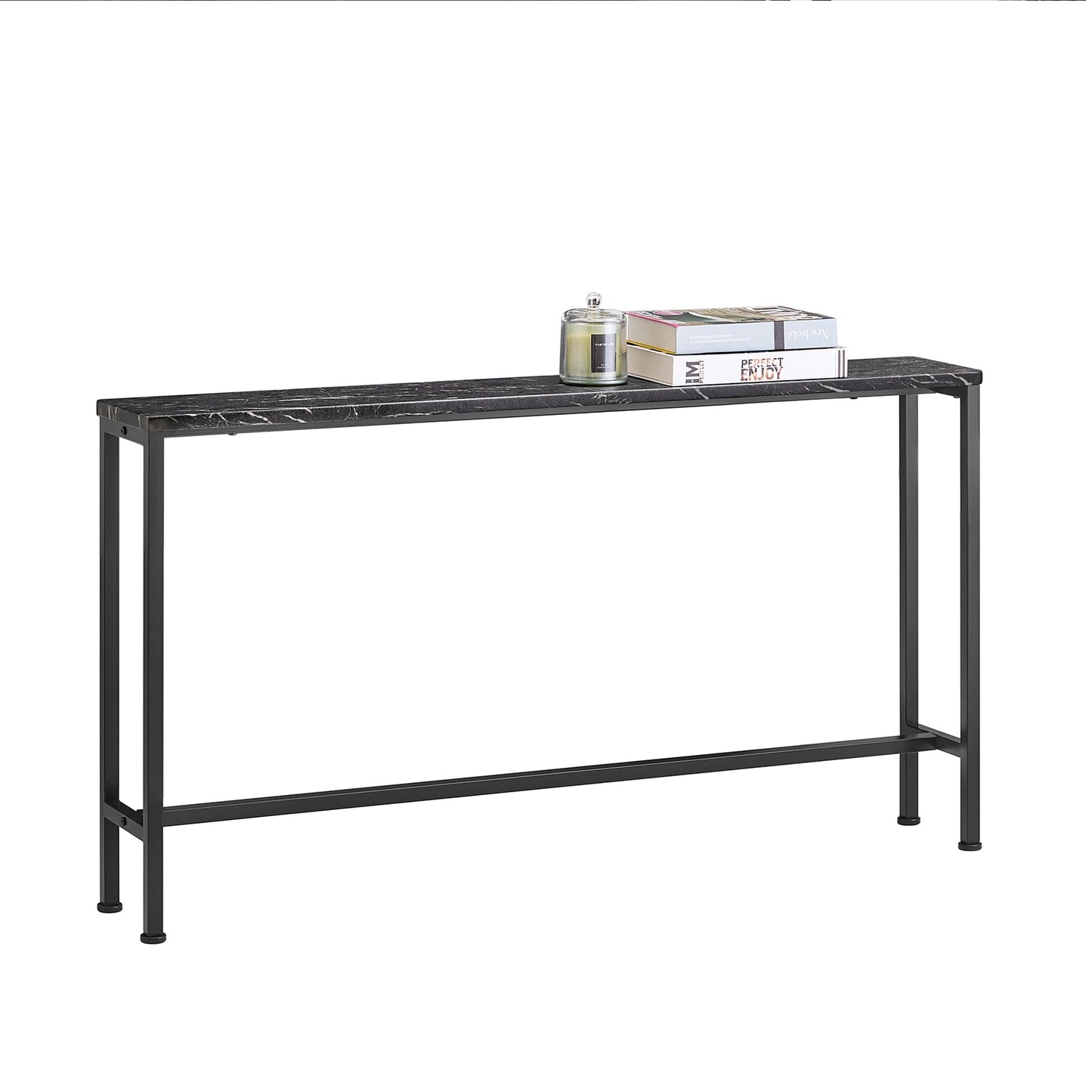 Table d'appoint Sobuy Consoletafel FSB19 SCH – 120 cm de longueur, avec plateau aspect marbre, structure métallique noire et patins de protection – Pour l'entrée et le salon – Bois et métal – 120 x 20 x 65 cm