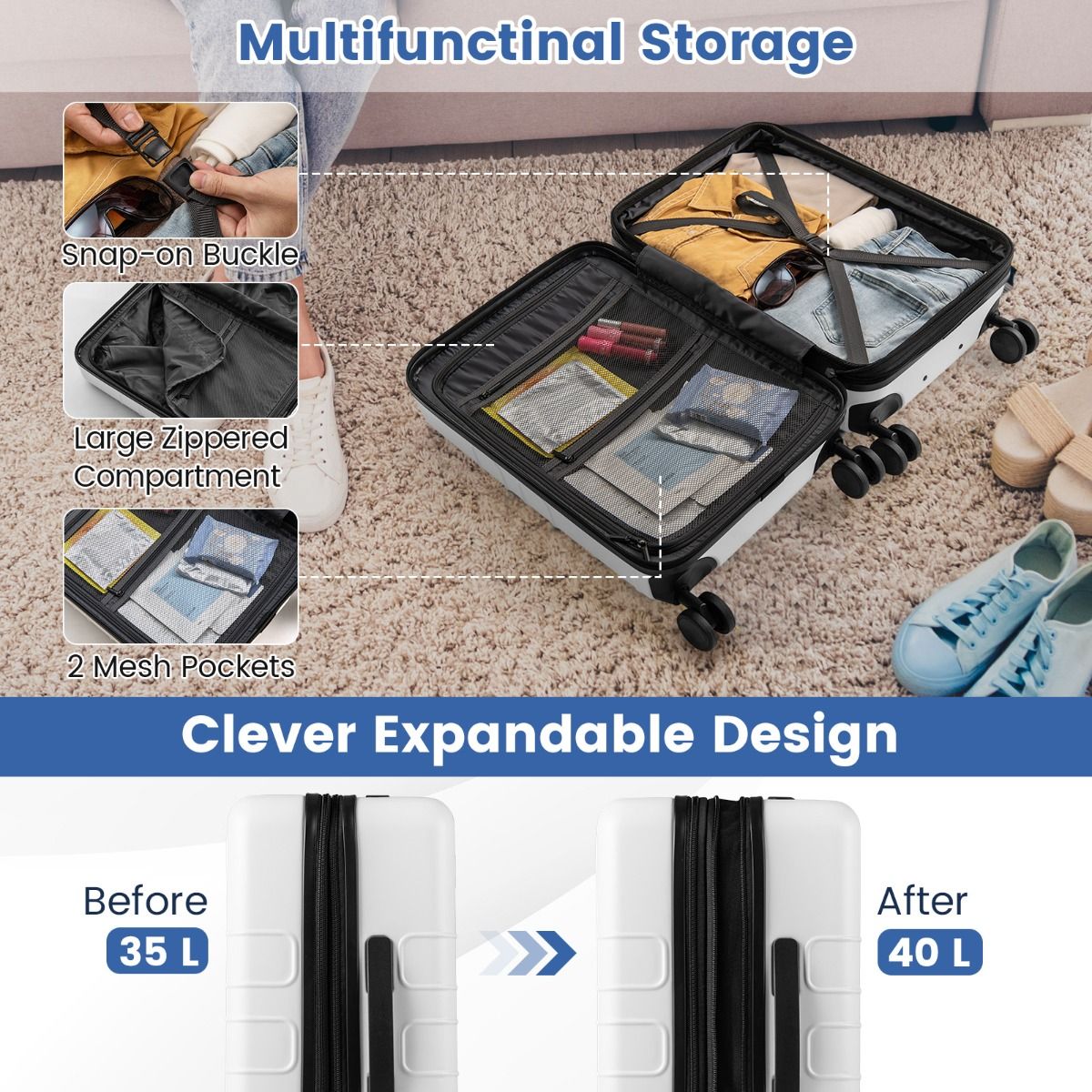 Valise Coast - Extensible - Avec serrure TSA et prise de recharge - Blanche, 20 pouces