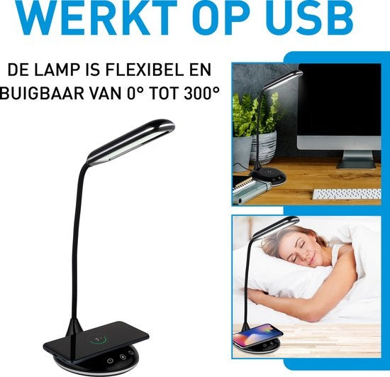 Grundig Lampe de bureau avec chargeur de téléphone - Sans fil - USB - LED - Flexible pliable - Noir