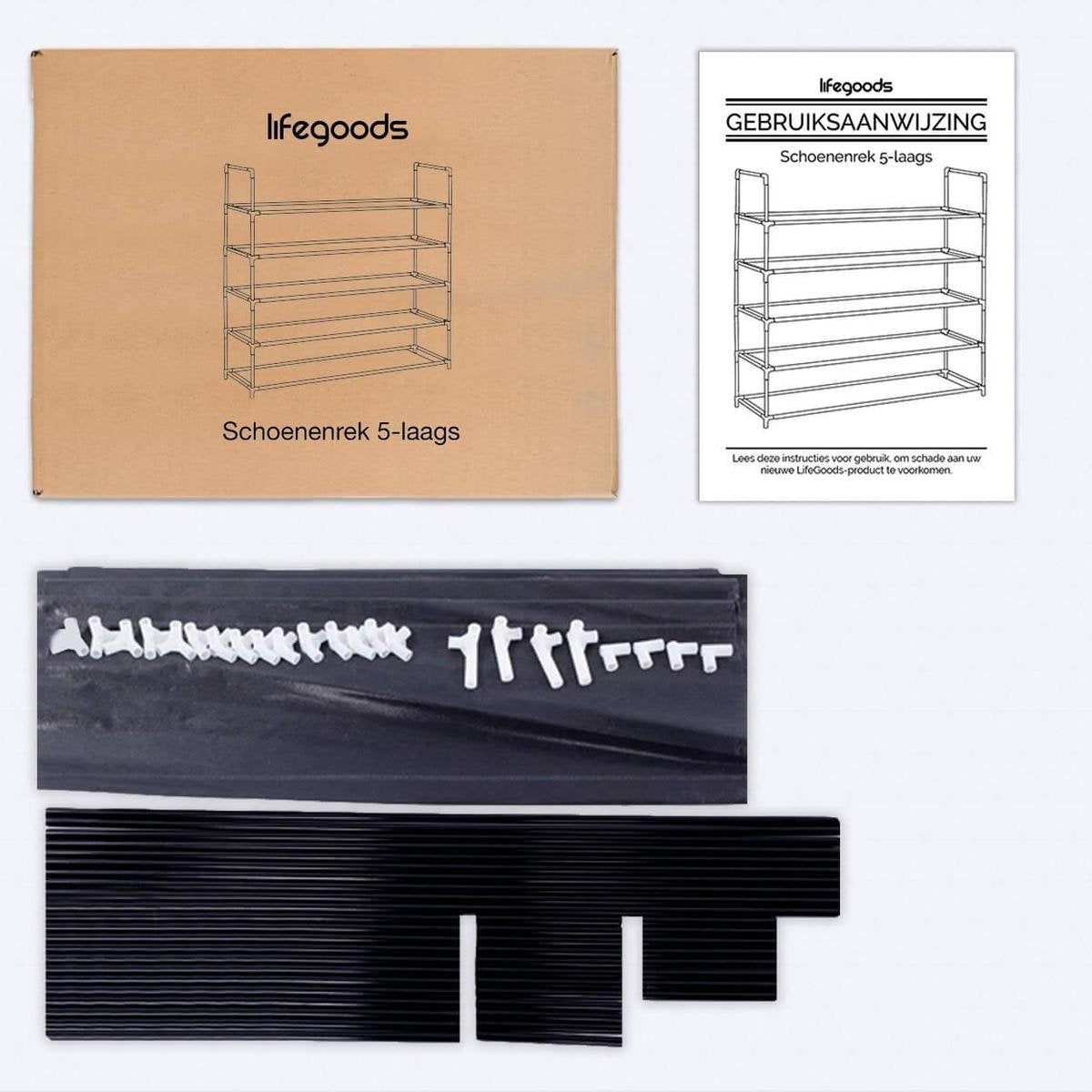 LifeGoods Shoe Rack - 5 couches - Système de rangement pour 30 paires de chaussures - Plastique - Noir