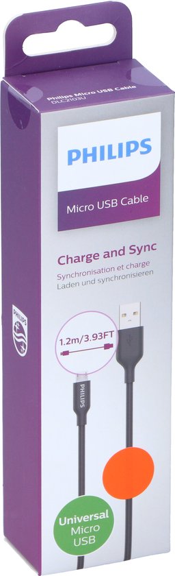 PHILIPS - Câble USB-A vers Micro USB - DLC21030U - Câble de 1,2 mètre - Câble de rechange - Noir