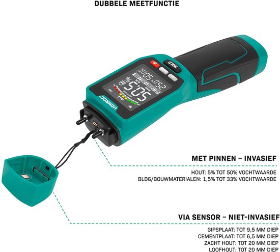 VONROC PRO Humidimètre - Double fonction de mesure : invasive (avec pointes) et non invasive (avec capteur) - convient pour le bois et les matériaux de construction - écran LCD multicolore