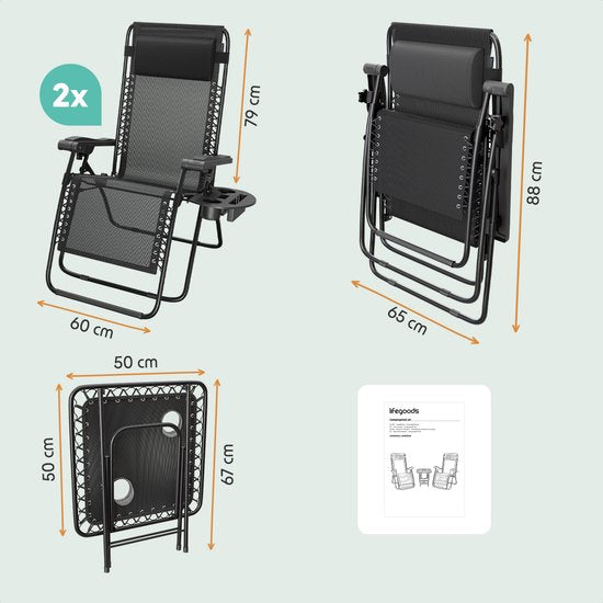 LifeGoods Chaises longues - Pliable - Ensemble complet - Avec table d'appoint - 30°-90° réglable - Chaises de jardin - Métal - Noir