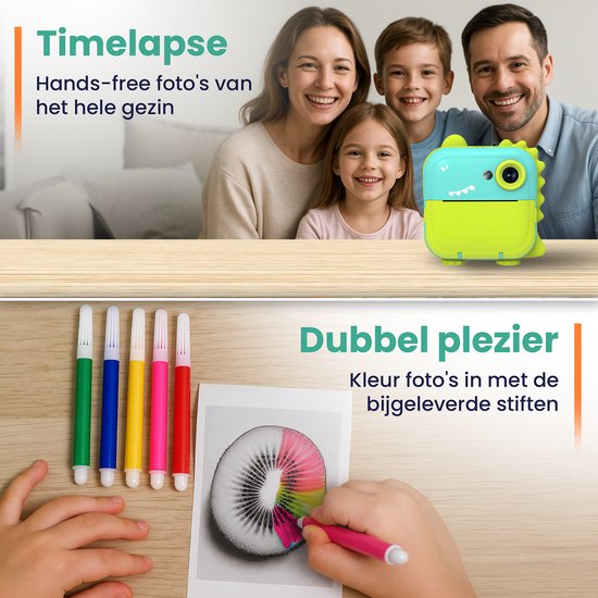 ODESSEY Caméra pour enfants avec imprimante - Full HD - Caméra Selfie - Carte SD 32GB - Photo - Vidéo - Jeux - Caméra numérique pour enfants - Caméra photo pour enfants - Dino